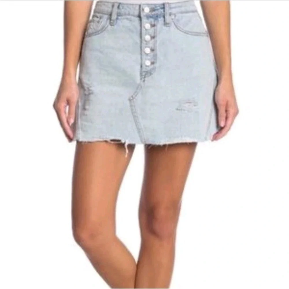 Free People Denim‎ A-Line Mini Frayed Hem Distressed Skirk